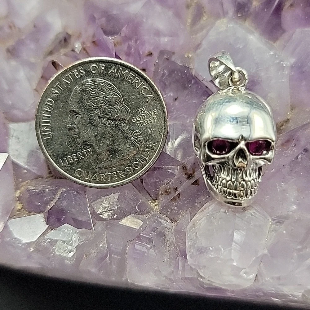 15x20mm Sterling Silver Skull Pendant with Red Faceted Ruby Eyes 5mm Bale Punk